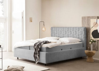 Bett mit Bettkasten Barcelo in Teddystoff Grau