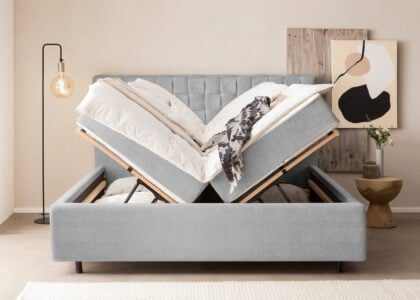 Bett mit Bettkasten Barcelo in Teddystoff Grau