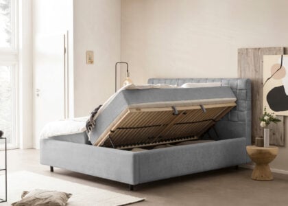 Bett mit Bettkasten Barcelo in Teddystoff Grau