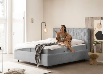 Bett mit Bettkasten Barcelo in Teddystoff Grau