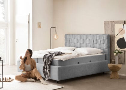 Bett mit Bettkasten Barcelo in Teddystoff Grau