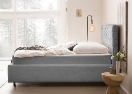 Bett mit Bettkasten Barcelo in Teddystoff Grau