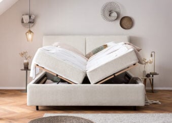 Bett mit Bettkasten Bari in Teddystoff Altweiss