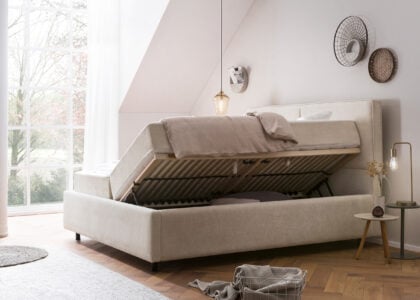 Bett mit Bettkasten Bari in Teddystoff Creme