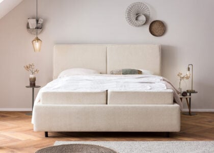Bett mit Bettkasten Bari in Teddystoff Creme