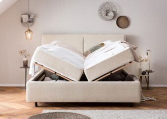 Bett mit Bettkasten Bari in Teddystoff Creme