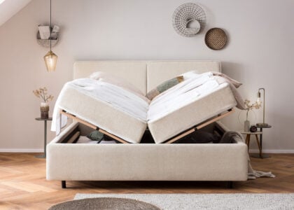 Bett mit Bettkasten Bari in Teddystoff Creme Bett mit Bettkasten Bari in Teddystoff Creme