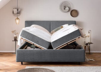 Bett mit Bettkasten Bari in Teddystoff Dunkelgrau