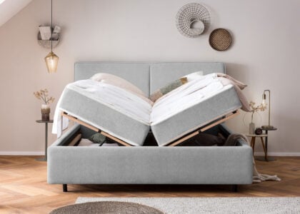 Bett mit Bettkasten Bari in Teddystoff Grau