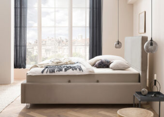 Bett mit Bettkasten Bari in Velour Taupe