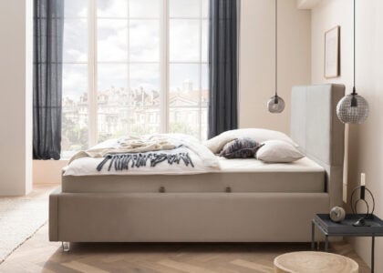 Bett mit Bettkasten Bari in Velour Taupe