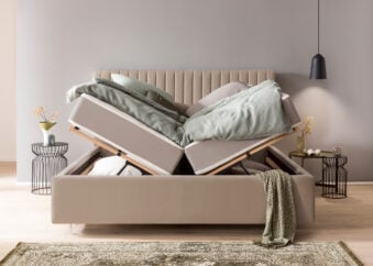 Bett mit Bettkasten Paris 200 x 200 cm in Taupe Velours