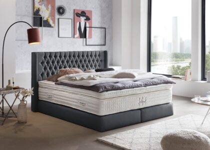 Boxspringbett Florida im Chesterfield Design mit Ohren Anthrazit ohne Füße