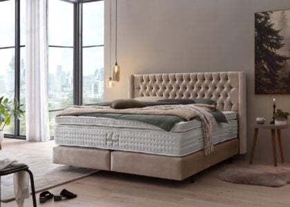Boxspringbett Florida im Chesterfield Design mit Ohren Samt Beige