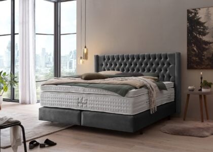 Boxspringbett Florida im Chesterfield Design mit Ohren Samt Dunkelgrau