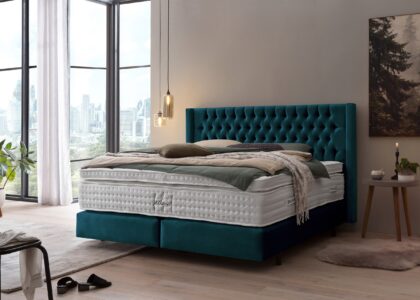 Boxspringbett Florida im Chesterfield Design mit Ohren Samt Petrol