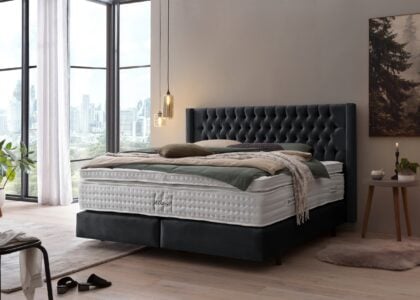 Boxspringbett Florida im Chesterfield Design mit Ohren Samt Schwarz