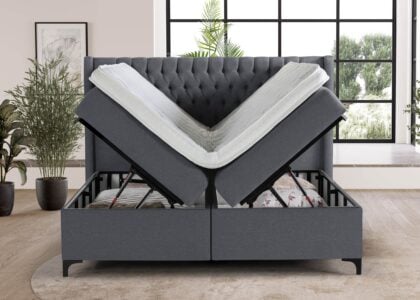 Boxspringbett Florida mit geöffneten Bettkasten in Webstoff Anthrazit