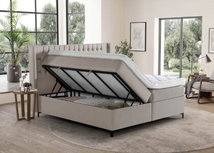 Boxspringbett Florida mit seitlich geöffneten Bettkasten in Webstoff Beige