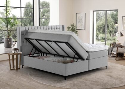 Boxspringbett Florida mit seitlich geöffneten Bettkasten in Webstoff Hellgrau