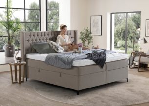Boxspringbett Florida mit Bettkasten in Webstoff Nougat