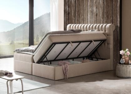 Boxspringbett mit Bettkasten Chester 200 x 200 cm in Beige Webstoff