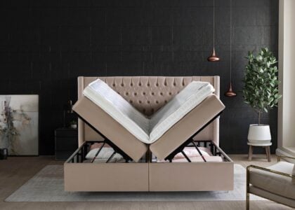 Boxspringbett Florida mit geöffneten Bettkasten in Velour Creme