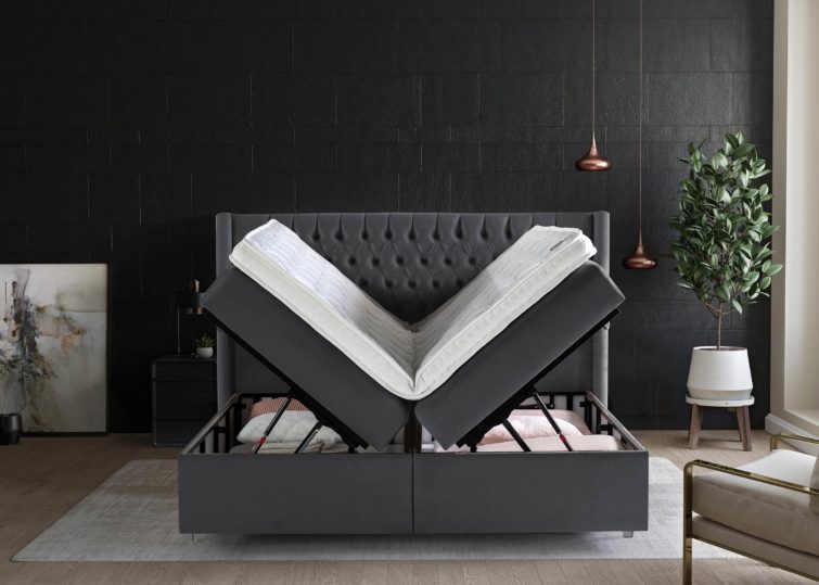 Boxspringbett Florida mit geöffneten Bettkasten in Velour Dunkelgrau