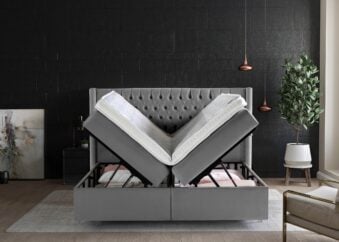 Boxspringbett Florida mit geöffneten Bettkasten in Velour Grau