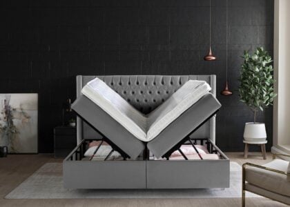 Boxspringbett Florida mit geöffneten Bettkasten in Velour Grau Boxspringbett Florida mit geöffneten Bettkasten in Velour Grau