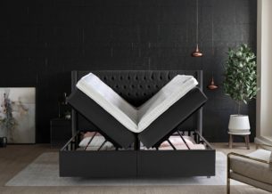 Boxspringbett Florida mit geöffneten Bettkasten in Velour Schwarz