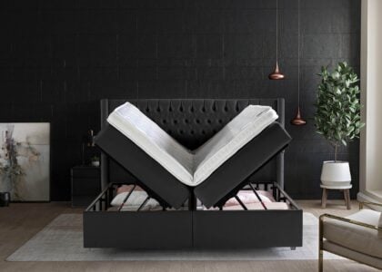 Boxspringbett Florida mit geöffneten Bettkasten in Velour Schwarz