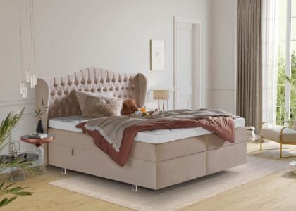 Boxspringbett Maison in Velours Creme mit Bettkasten
