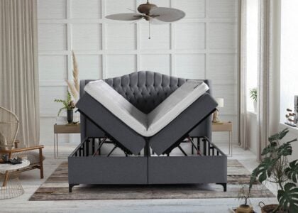 Boxspringbett Maison in Webstoff Anthrazit mit Bettkasten