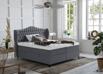 Boxspringbett Maison in Webstoff Anthrazit mit Bettkasten