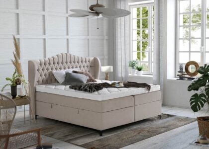 Boxspringbett Maison in Webstoff Beige mit Bettkasten