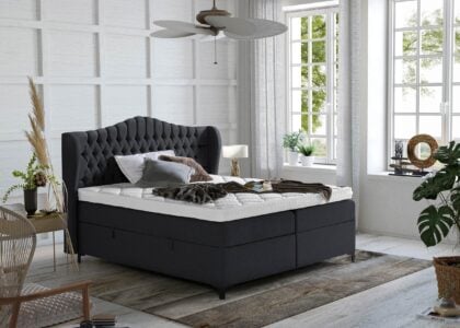 Boxspringbett Maison in Webstoff Schwarz mit Bettkasten