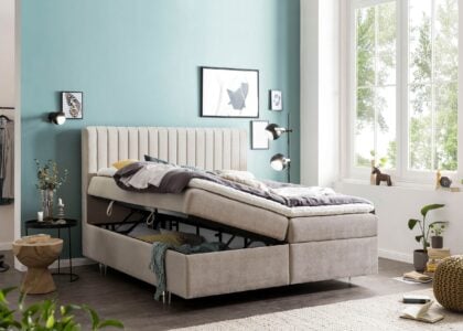 Boxspringbett mit Bettkasten Paris 200 x 200 cm in Beige Samt