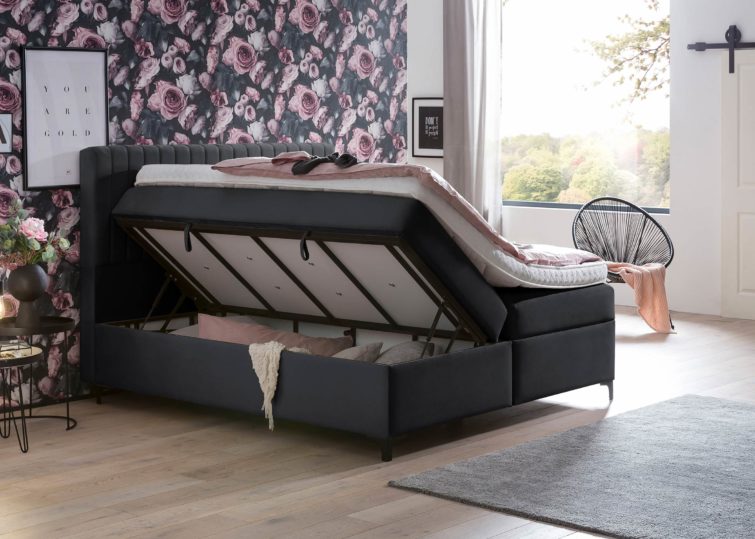 Boxspringbett Paris mit Bettkasten in Schwarz Velour