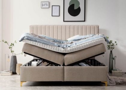 Boxspringbett mit Bettkasten Paris 200 x 200 cm in Beige Webstoff
