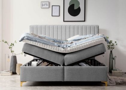 Boxspringbett mit Bettkasten Paris 200 x 200 cm in Hellgrau Webstoff