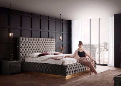 Luxusbett mit Bettkasten Plaza in Velvet Platin