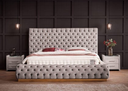 Luxusbett mit Bettkasten Plaza in Velvet Platin Luxusbett mit Bettkasten Plaza in Velvet Platin