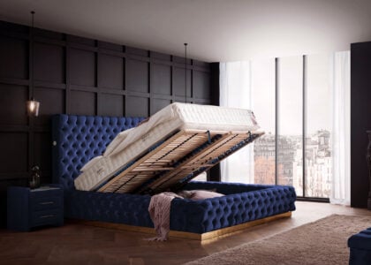 Luxusbett mit Bettkasten Plaza in Velvet Royalblau