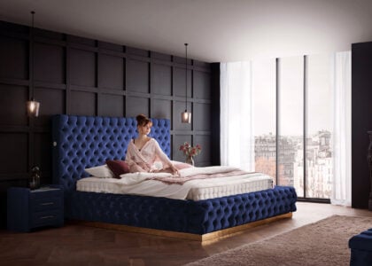 Luxusbett mit Bettkasten Plaza in Velvet Royalblau