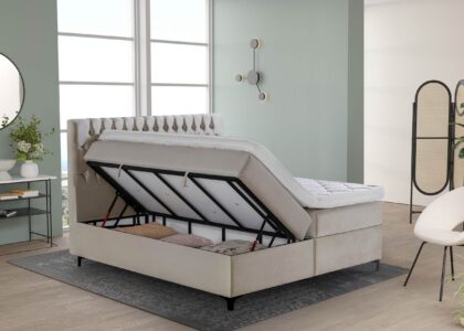 Boxspringbett Vegas in Samt Beige mit Bettkasten