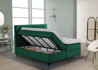 Boxspringbett Vegas in Samt Smaragd mit seitlich geöffneten Bettkasten und wählbarem Topper