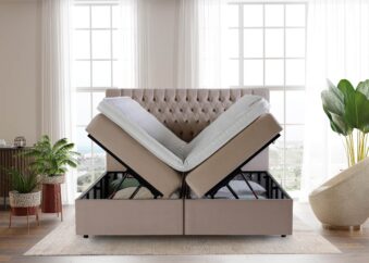 Boxspringbett Vegas mit geöffneten Bettkasten in Velour Creme