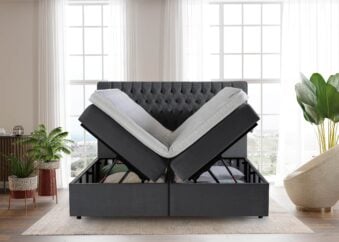Boxspringbett Vegas mit geöffneten Bettkasten in Velour Dunkelgrau