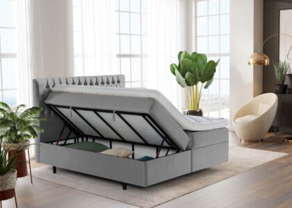 Boxspringbett Vegas mit seitlich geöffneten Bettkasten in Velour Grau